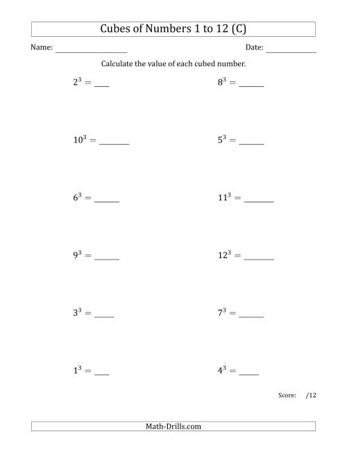 The Cubes of Numbers from 1 to 12 (C) Math Worksheet