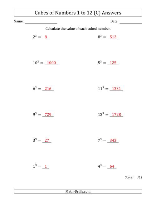 The Cubes of Numbers from 1 to 12 (C) Math Worksheet Page 2