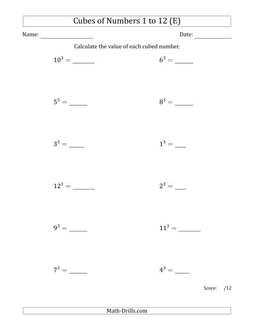 The Cubes of Numbers from 1 to 12 (E) Math Worksheet