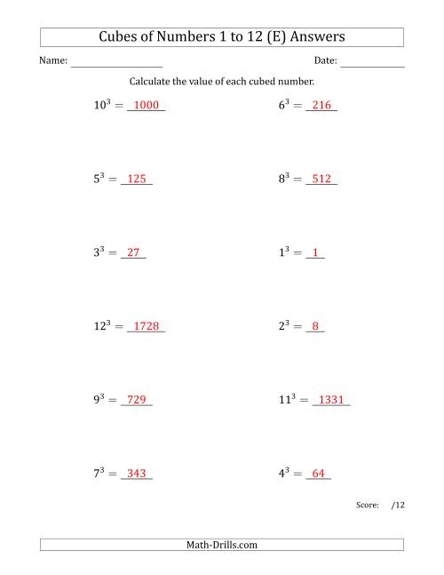 The Cubes of Numbers from 1 to 12 (E) Math Worksheet Page 2