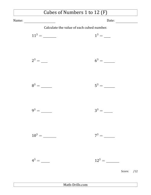 The Cubes of Numbers from 1 to 12 (F) Math Worksheet