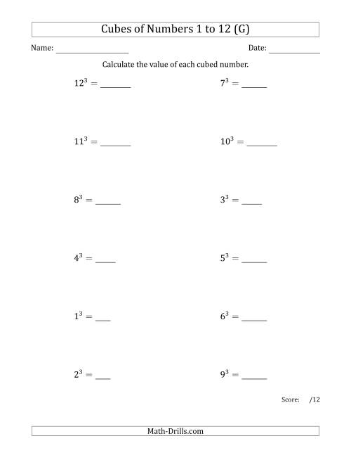 The Cubes of Numbers from 1 to 12 (G) Math Worksheet
