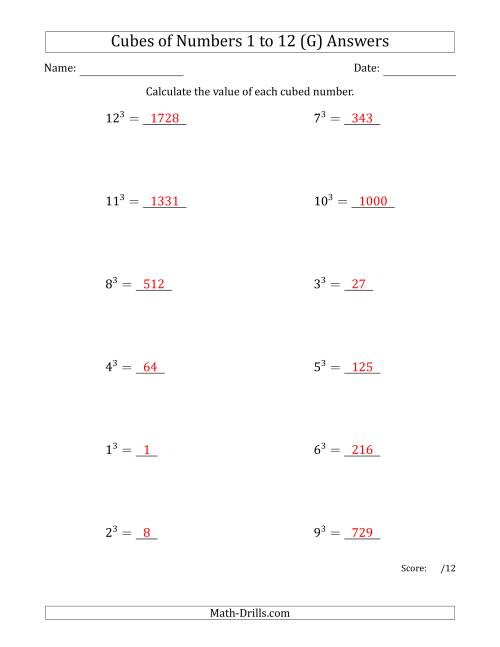 The Cubes of Numbers from 1 to 12 (G) Math Worksheet Page 2