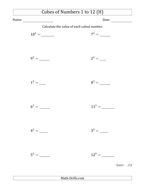 The Cubes of Numbers from 1 to 12 (H) Math Worksheet