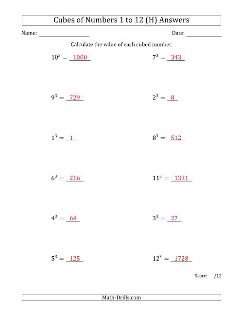 The Cubes of Numbers from 1 to 12 (H) Math Worksheet Page 2
