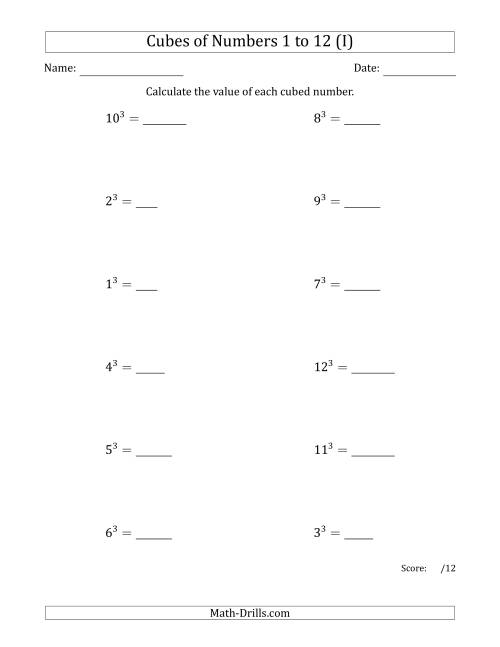 The Cubes of Numbers from 1 to 12 (I) Math Worksheet