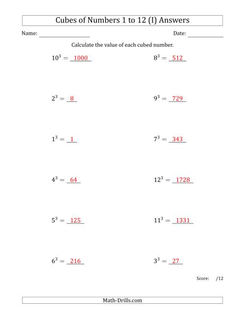 The Cubes of Numbers from 1 to 12 (I) Math Worksheet Page 2