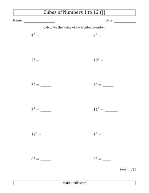 The Cubes of Numbers from 1 to 12 (J) Math Worksheet