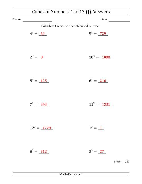 The Cubes of Numbers from 1 to 12 (J) Math Worksheet Page 2