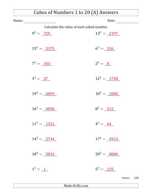 The Cubes of Numbers from 1 to 20 (A) Math Worksheet Page 2