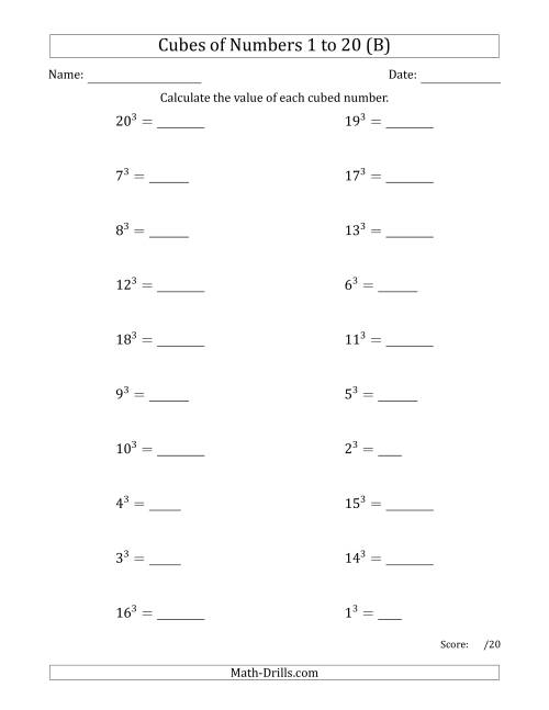 The Cubes of Numbers from 1 to 20 (B) Math Worksheet