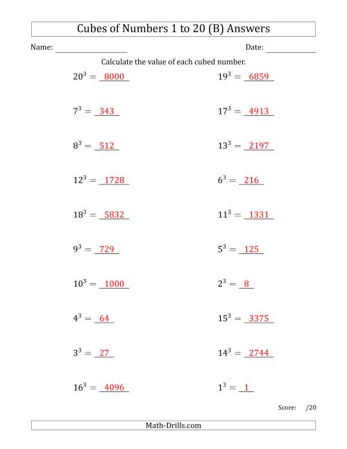 The Cubes of Numbers from 1 to 20 (B) Math Worksheet Page 2
