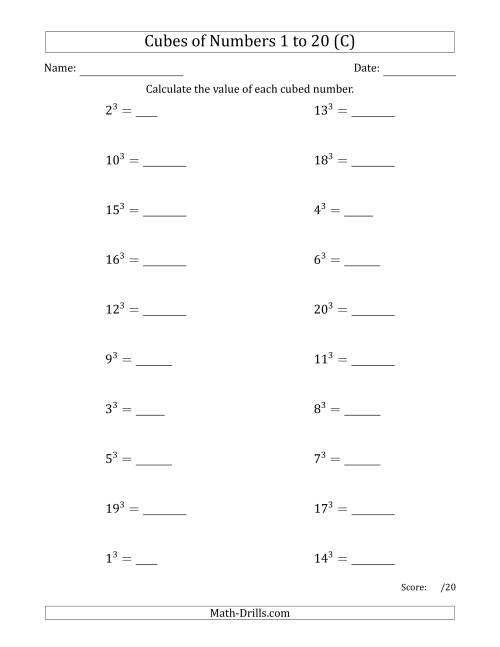 The Cubes of Numbers from 1 to 20 (C) Math Worksheet