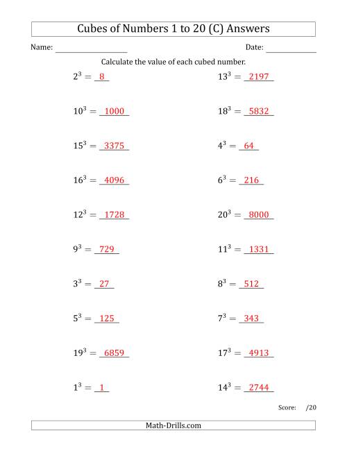 The Cubes of Numbers from 1 to 20 (C) Math Worksheet Page 2