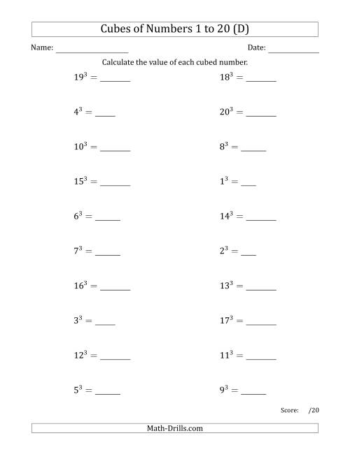 The Cubes of Numbers from 1 to 20 (D) Math Worksheet