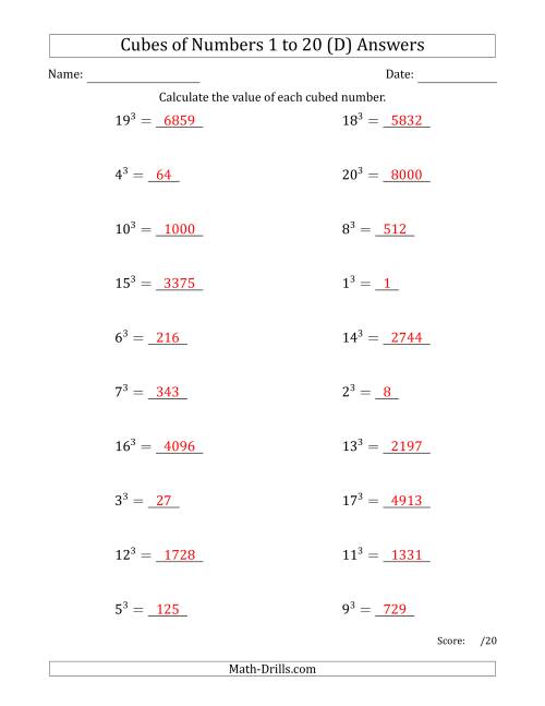 The Cubes of Numbers from 1 to 20 (D) Math Worksheet Page 2