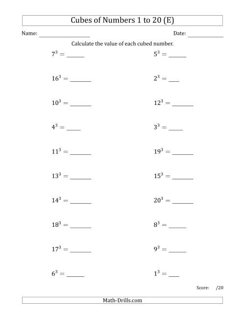 The Cubes of Numbers from 1 to 20 (E) Math Worksheet