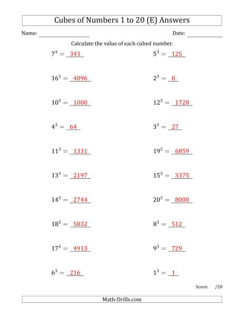 The Cubes of Numbers from 1 to 20 (E) Math Worksheet Page 2