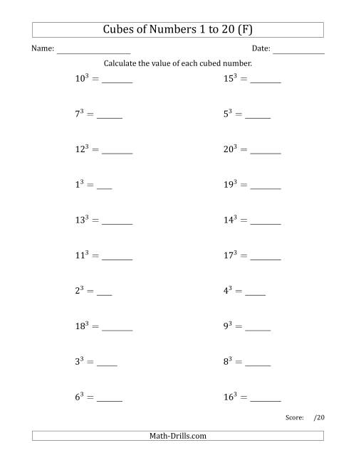 The Cubes of Numbers from 1 to 20 (F) Math Worksheet