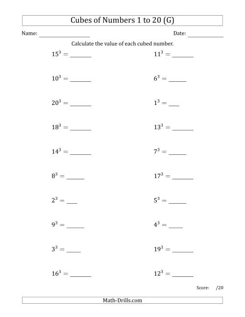The Cubes of Numbers from 1 to 20 (G) Math Worksheet