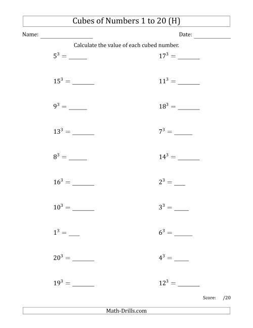 The Cubes of Numbers from 1 to 20 (H) Math Worksheet