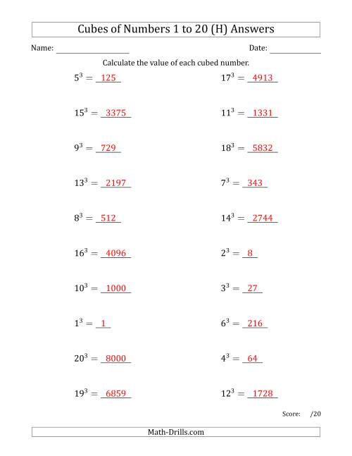 The Cubes of Numbers from 1 to 20 (H) Math Worksheet Page 2