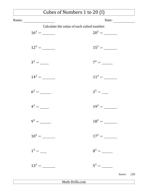 The Cubes of Numbers from 1 to 20 (I) Math Worksheet