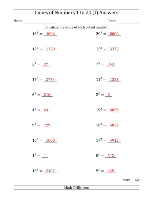 The Cubes of Numbers from 1 to 20 (I) Math Worksheet Page 2