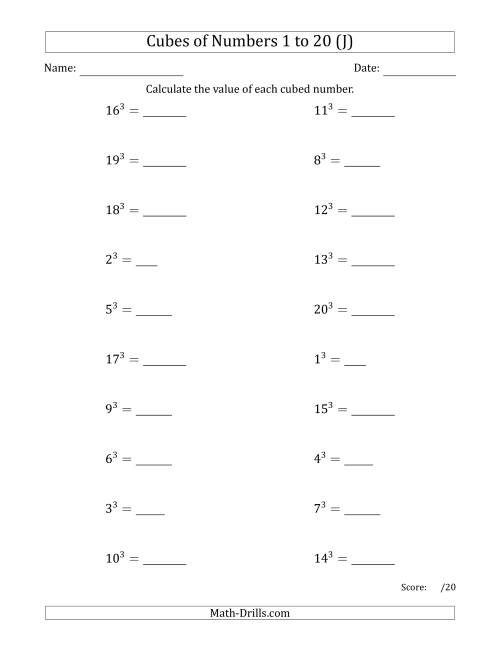 The Cubes of Numbers from 1 to 20 (J) Math Worksheet
