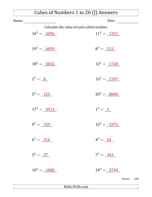 The Cubes of Numbers from 1 to 20 (J) Math Worksheet Page 2