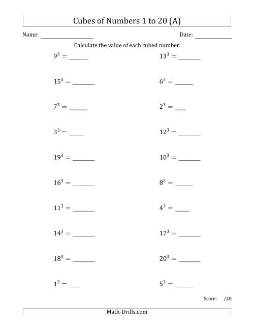 The Cubes of Numbers from 1 to 20 (All) Math Worksheet