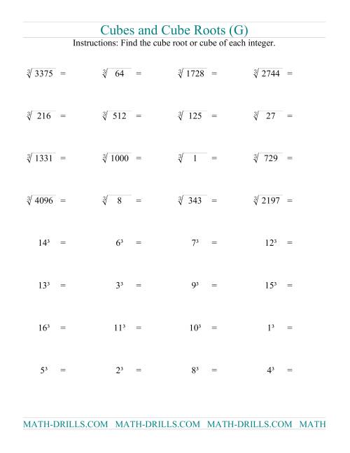 The Cubes and Cube Roots (G) Math Worksheet