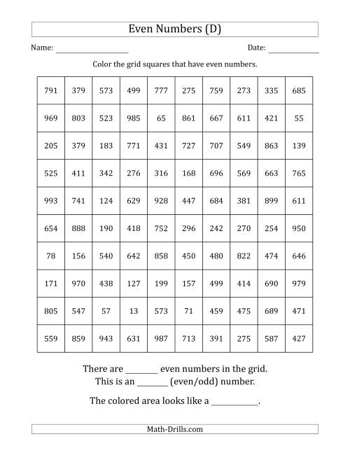 The Coloring in Even Numbered Squares to Make a Picture (D) Math Worksheet