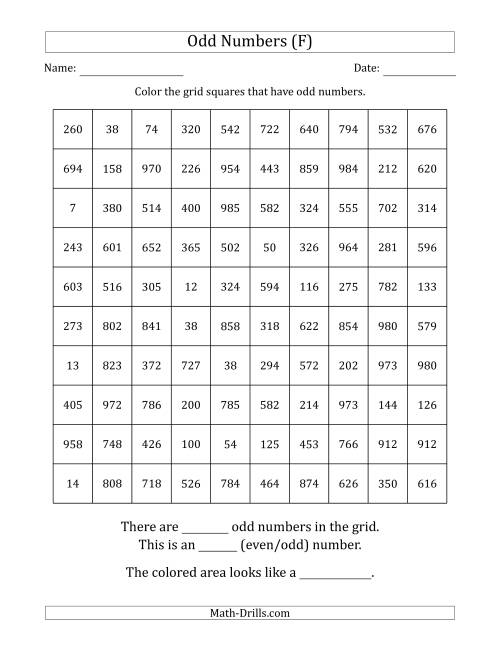 The Coloring in Odd Numbered Squares to Make a Picture (F) Math Worksheet
