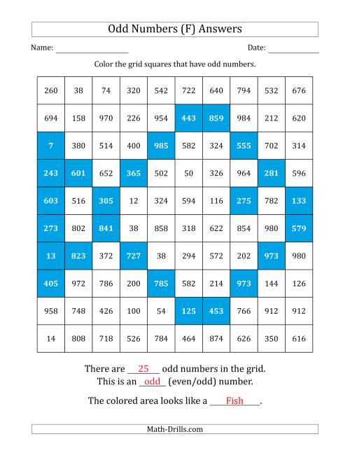 The Coloring in Odd Numbered Squares to Make a Picture (F) Math Worksheet Page 2
