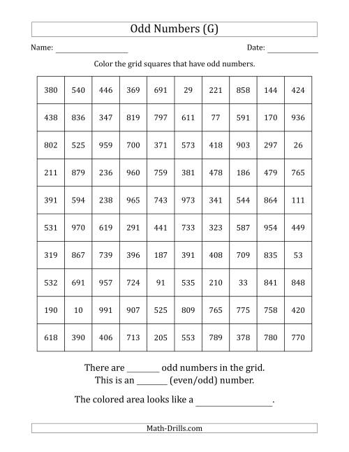 The Coloring in Odd Numbered Squares to Make a Picture (G) Math Worksheet