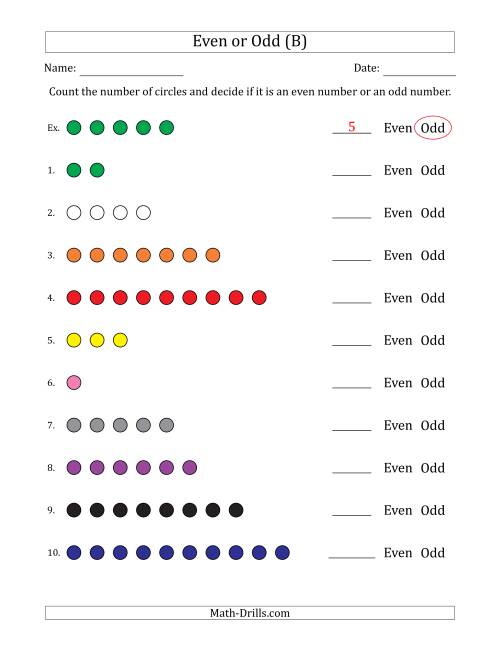 The Even or Odd Numbers of Circles (Numbers 1 to 10) (B) Math Worksheet