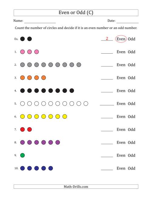 The Even or Odd Numbers of Circles (Numbers 1 to 10) (C) Math Worksheet
