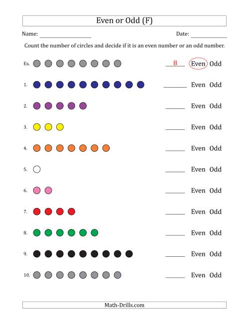 The Even or Odd Numbers of Circles (Numbers 1 to 10) (F) Math Worksheet