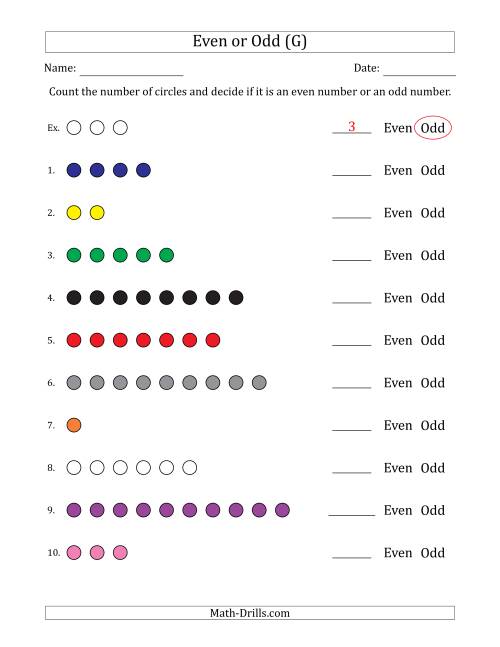 The Even or Odd Numbers of Circles (Numbers 1 to 10) (G) Math Worksheet