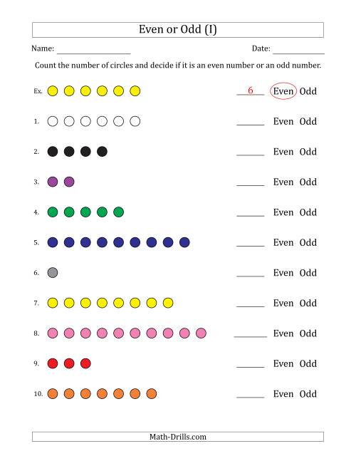 The Even or Odd Numbers of Circles (Numbers 1 to 10) (I) Math Worksheet