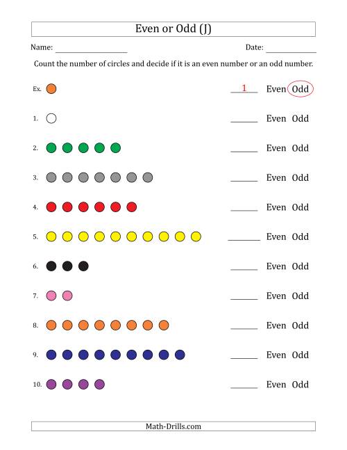 The Even or Odd Numbers of Circles (Numbers 1 to 10) (J) Math Worksheet