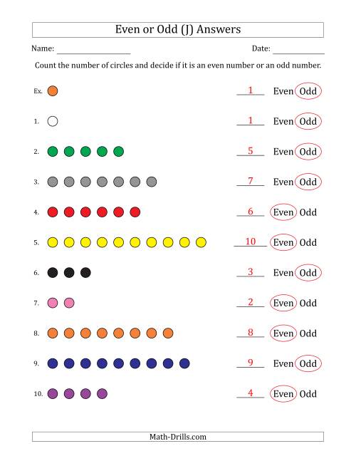 The Even or Odd Numbers of Circles (Numbers 1 to 10) (J) Math Worksheet Page 2