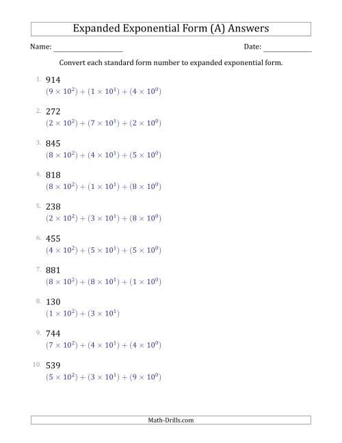 The Converting Standard Form Numbers to Expanded Exponential Form (3-Digit Numbers) (A) Math Worksheet Page 2
