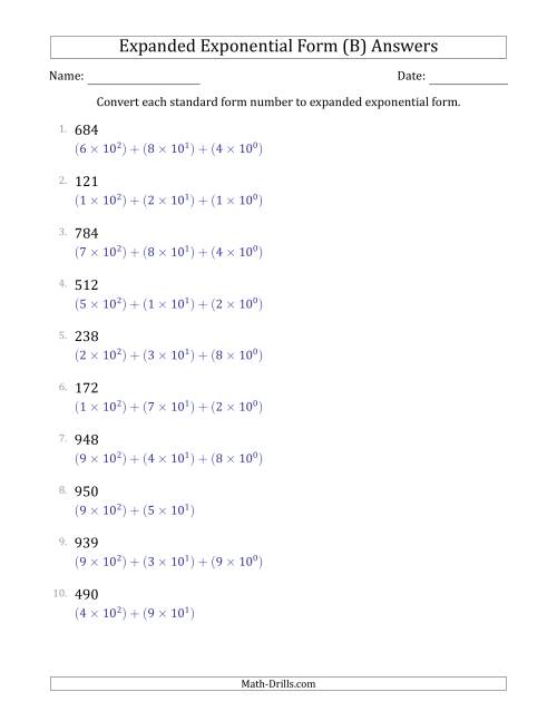 The Converting Standard Form Numbers to Expanded Exponential Form (3-Digit Numbers) (B) Math Worksheet Page 2