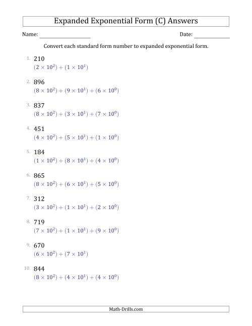 The Converting Standard Form Numbers to Expanded Exponential Form (3-Digit Numbers) (C) Math Worksheet Page 2