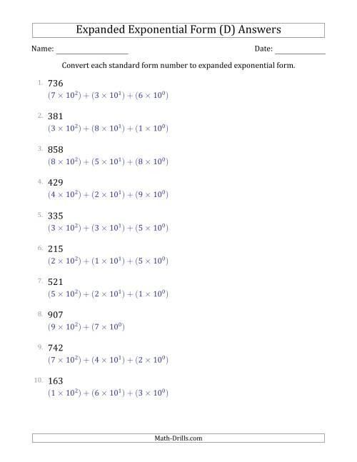 The Converting Standard Form Numbers to Expanded Exponential Form (3-Digit Numbers) (D) Math Worksheet Page 2