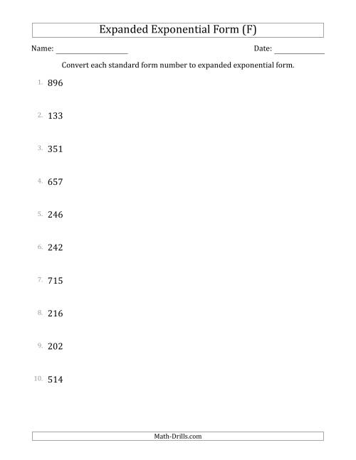 The Converting Standard Form Numbers to Expanded Exponential Form (3-Digit Numbers) (F) Math Worksheet