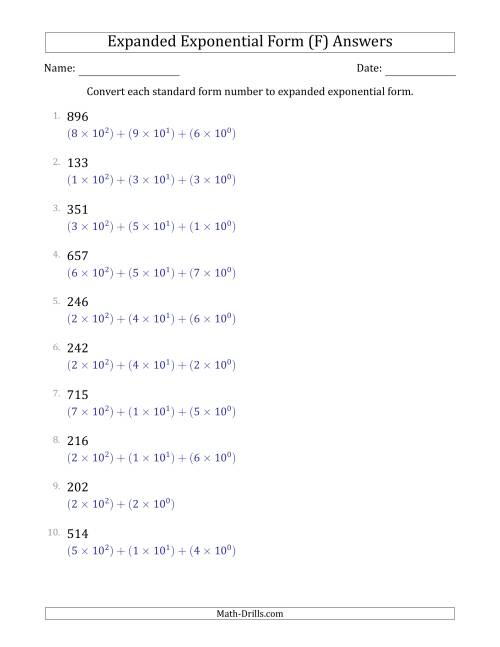 The Converting Standard Form Numbers to Expanded Exponential Form (3-Digit Numbers) (F) Math Worksheet Page 2
