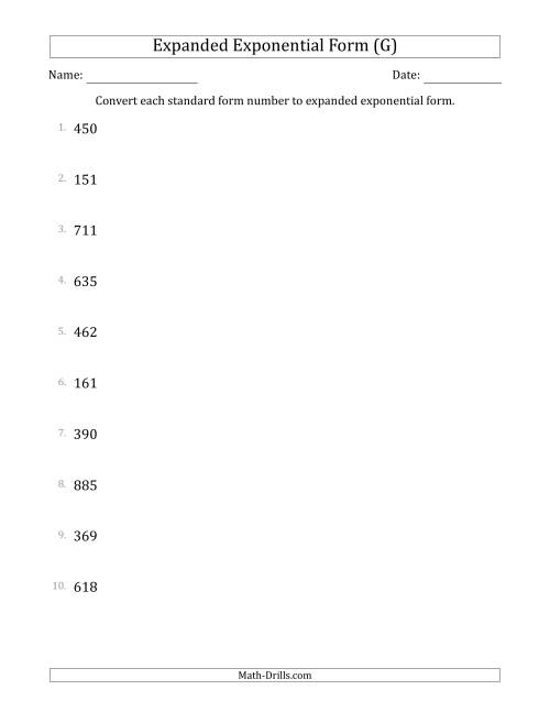 The Converting Standard Form Numbers to Expanded Exponential Form (3-Digit Numbers) (G) Math Worksheet